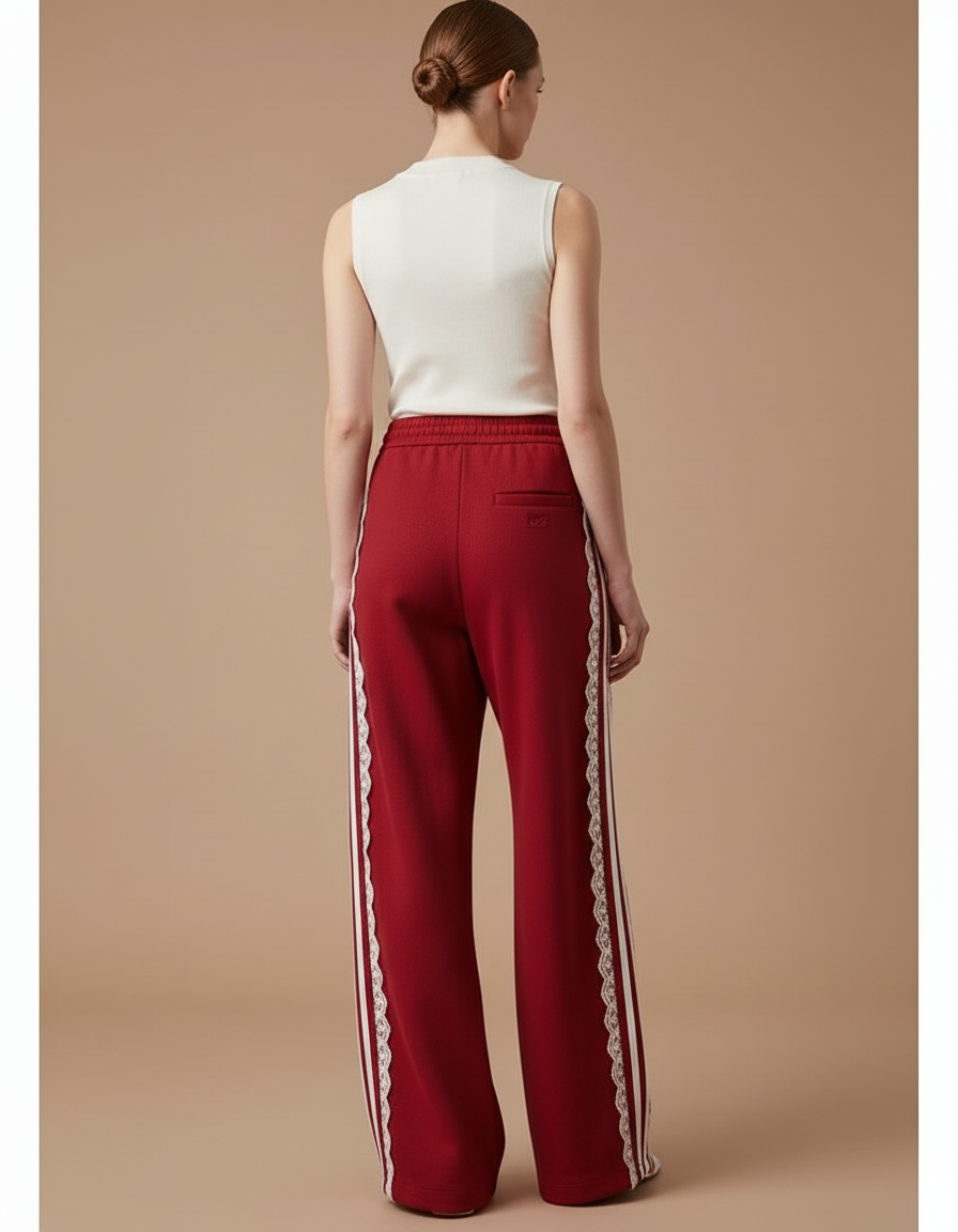 Pantalon Baggy Rouge Rayures Blanches Dentelle Fluide - Molleton - vue 2