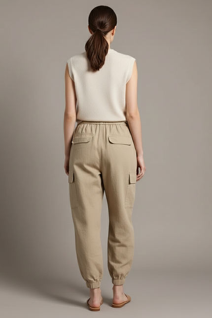 Pantalon Baggy Beige Cordon Cargo Femme Confortable - Toile - vue 2