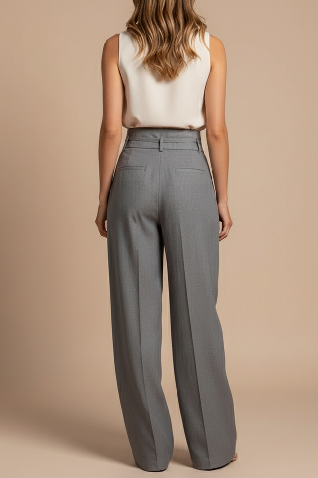 Pantalon Baggy Gris Élégant Taille Haute Fluide Femme - Polyester - vue 2
