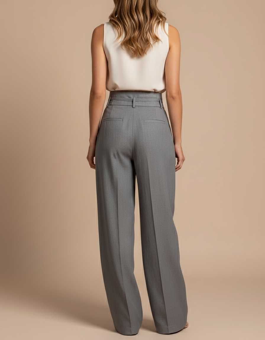 Pantalon Baggy Gris Élégant Taille Haute Fluide Femme - Polyester - vue 2