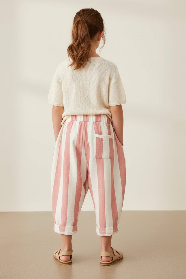 Pantalon Baggy Rayé Rose Coton Ample Décontracté - vue 2