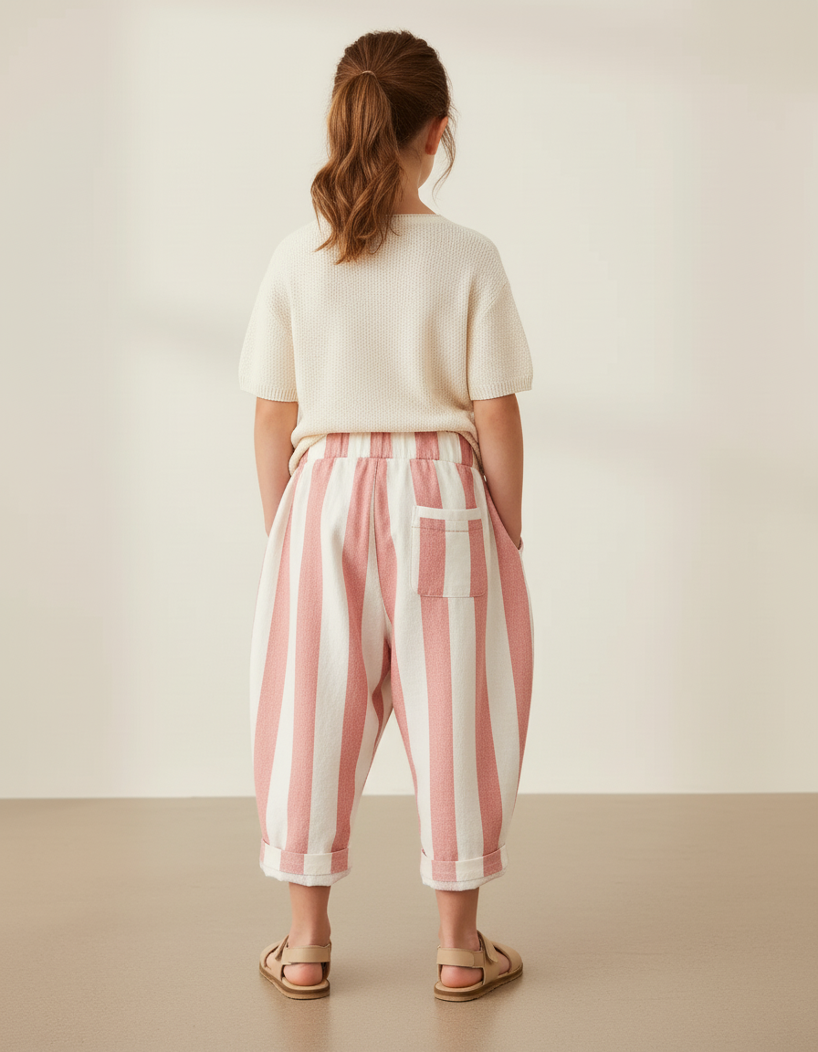 Pantalon Baggy Rayé Rose Coton Ample Décontracté - vue 2