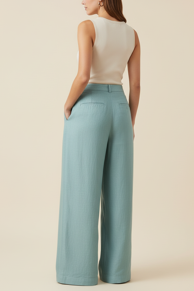 Pantalon Baggy Bleu Ciel Lin Ample Plissé Femme - vue 2