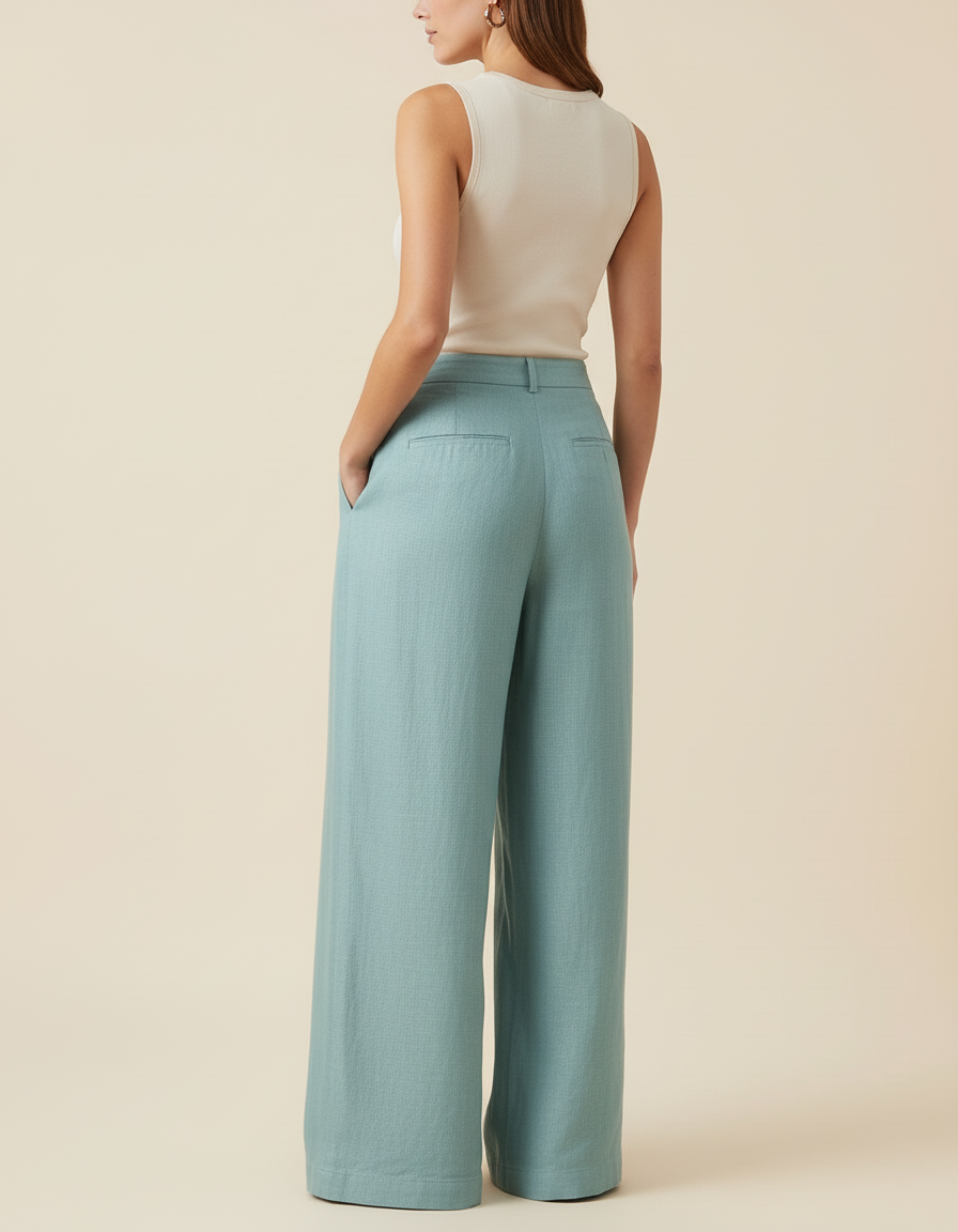 Pantalon Baggy Bleu Ciel Lin Ample Plissé Femme - vue 2