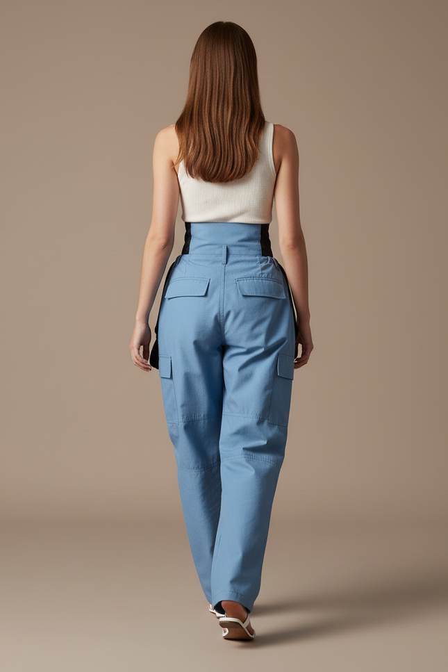 Pantalon Baggy Bleu Ciel Cargo Taille Haute Femme - Toile - vue 2