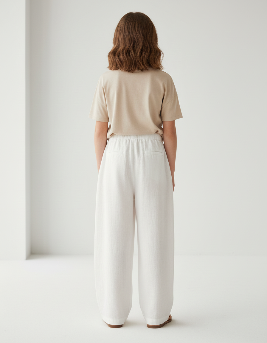 Pantalon Baggy Blanc Lin Ample Décontracté Élastique - vue 2
