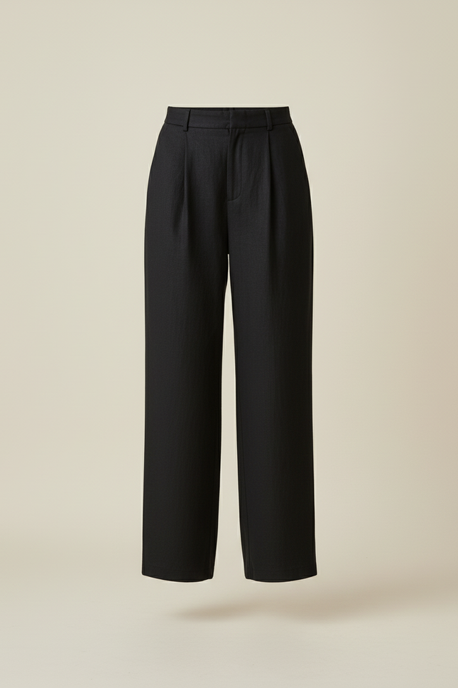 Pantalon Baggy Noir Lin Ample Plissé Décontracté - vue 3