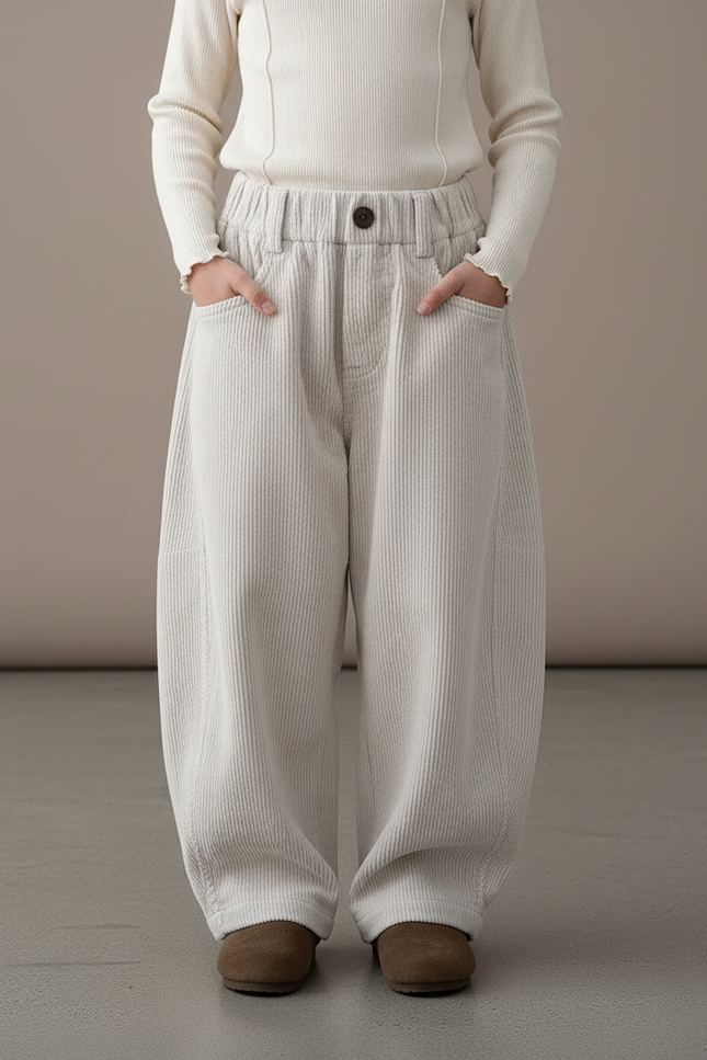 Pantalon Baggy Côtelé Crème Ample Décontracté Enfant - Beige Cordé - vue 3