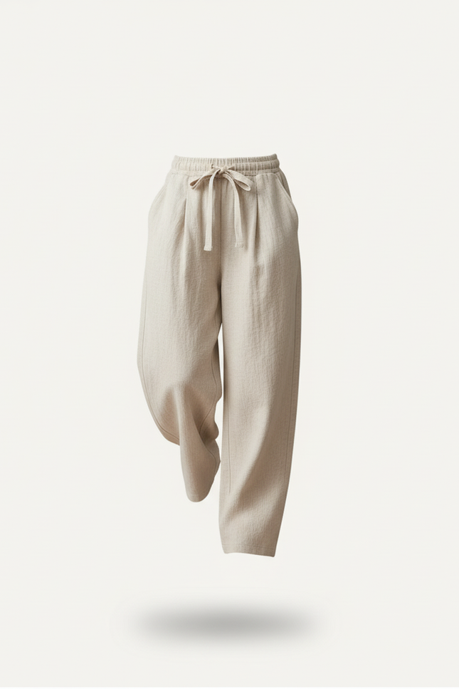 Pantalon Baggy Beige Lin Ample Cordon Décontracté - vue 3