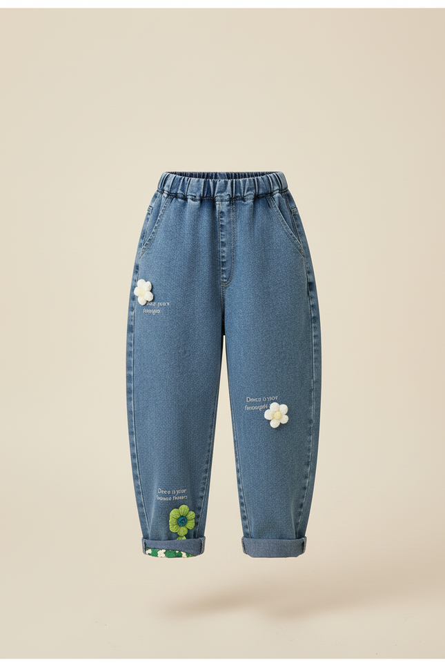 Pantalon Baggy Jean Denim Ample Fleurs Brodées Enfant - Bleu - vue 3