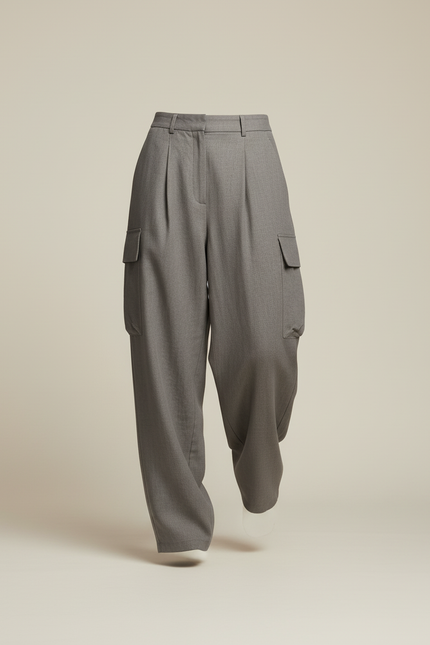 Pantalon Baggy Gris Plissé Ample Cargo Femme - Laine - vue 3