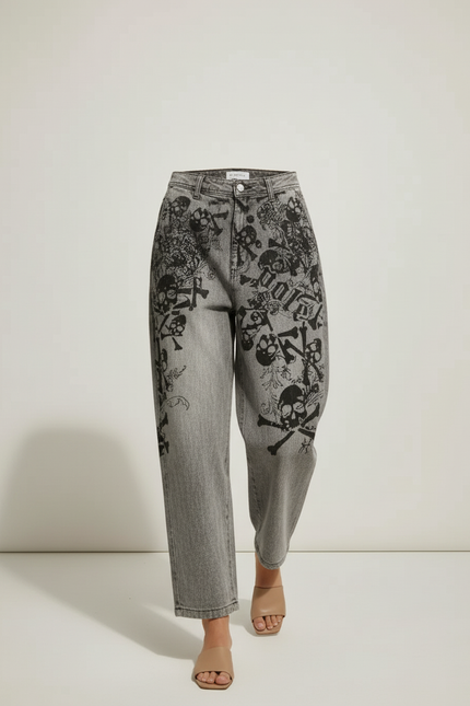 Pantalon Baggy Gris Imprimé Crânes Ample Streetwear - Jean - vue 3