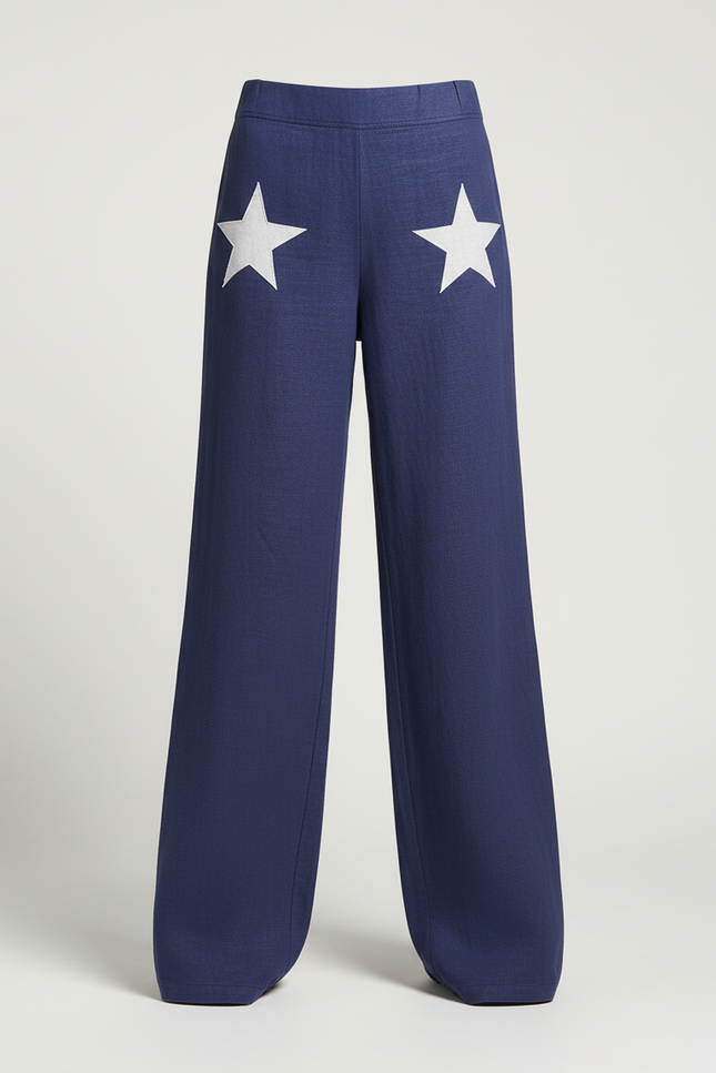 Pantalon Baggy Bleu Marine Étoiles Ample Décontracté Fluide - Lin - vue 3