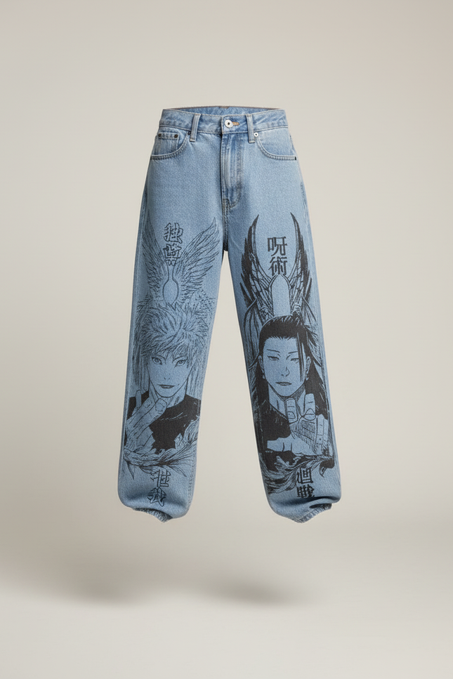 Pantalon Baggy Jean Clair Ample Imprimé Manga Unisexe Décontracté - Bleu - vue 3