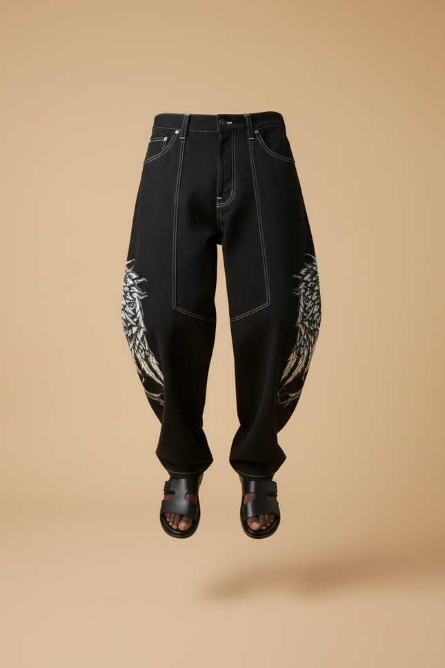 Pantalon Baggy Noir Ample Brodé Décontracté Homme - Jean - vue 3