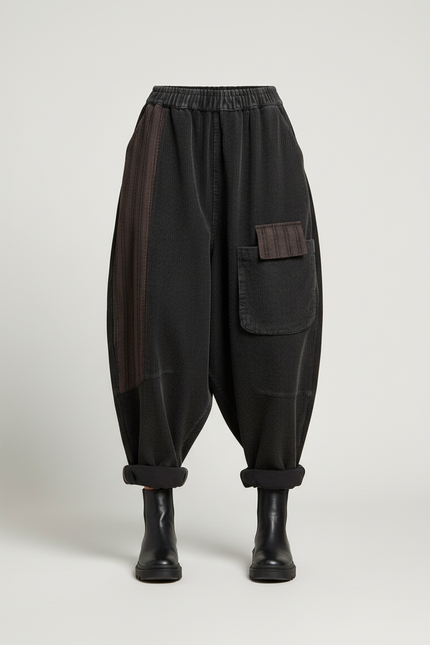 Pantalon Baggy Côtelé Noir Ample Patchwork Décontracté - Cordé - vue 3