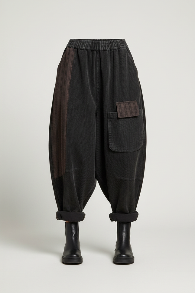 Pantalon Baggy Côtelé Noir Ample Patchwork Décontracté - Cordé - vue 3