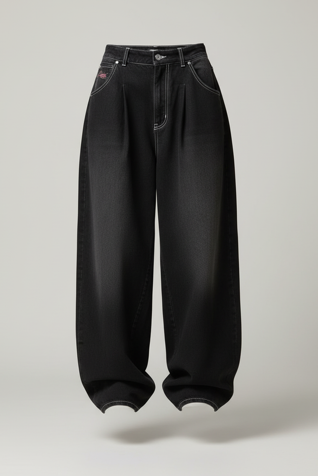 Pantalon Baggy Jean Gris Ample Plissé Décontracté Femme - vue 3