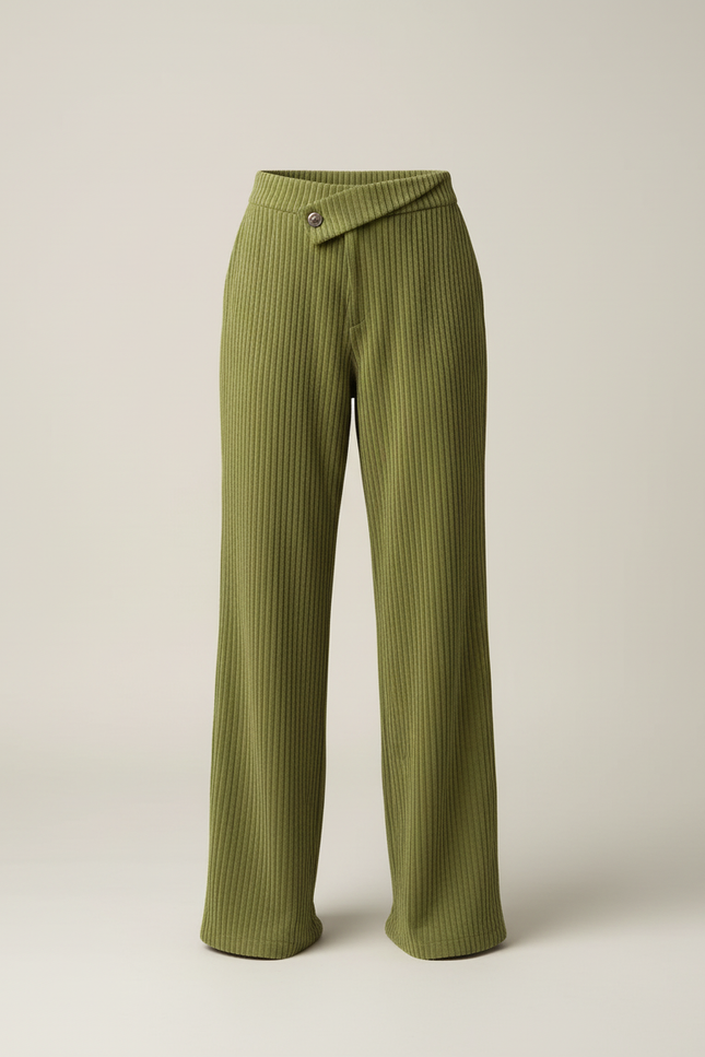 Pantalon Baggy Vert Côtelé Ample Taille Haute - Cordé - vue 3