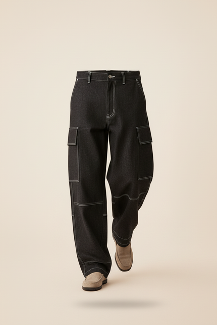 Pantalon Baggy Noir Denim Ample Cargo Homme - Jean - vue 3