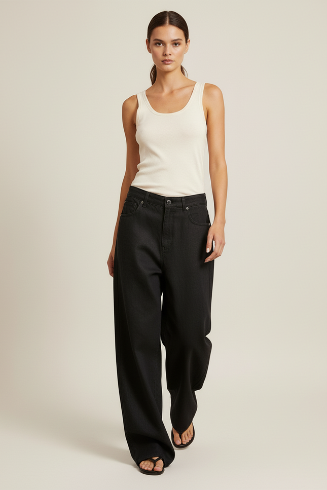 Pantalon Baggy Noir Ample Fluide Décontracté Denim - Lin - vue 3