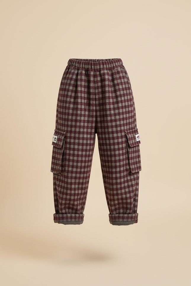 Pantalon Baggy Carreaux Rouge Ample Laine Enfant - Bordeaux - vue 3