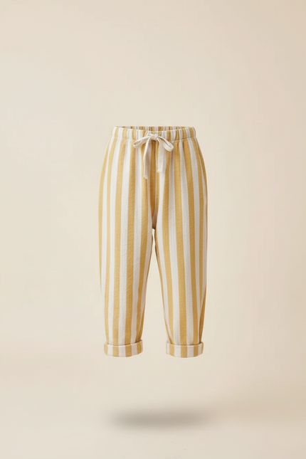 Pantalon Baggy Rayé Lin Coton Ample Décontracté Enfant - Jaune - vue 3