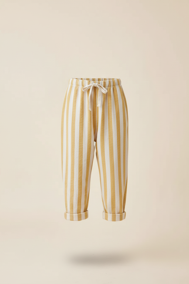 Pantalon Baggy Rayé Lin Coton Ample Décontracté Enfant - Jaune - vue 3