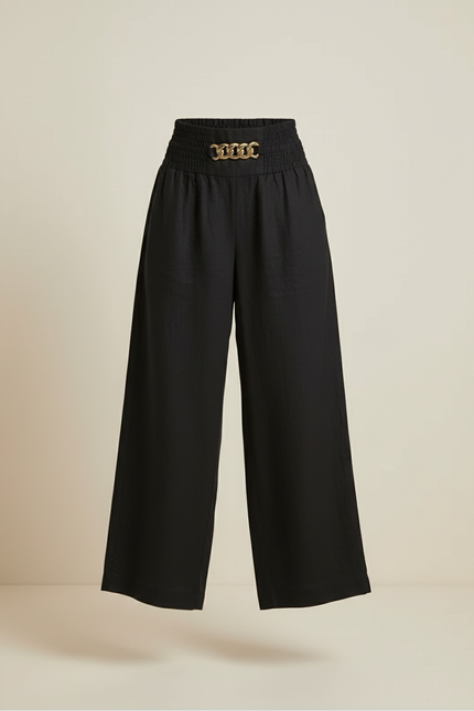 Pantalon Baggy Noir Lin Chaîne Taille Haute Fluide - vue 3