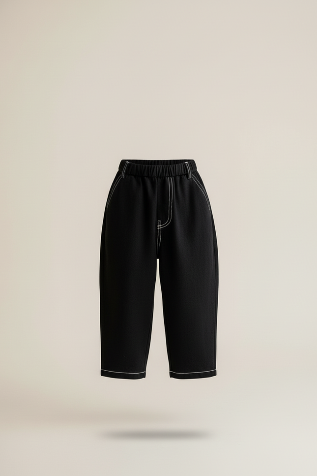 Pantalon Baggy Noir Ample Surpiqûres Blanches Décontracté - Toile - vue 3
