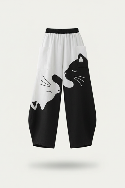 Pantalon Baggy Noir Blanc Chat Ample Fluide Décontracté - Multicolore Lin - vue 3