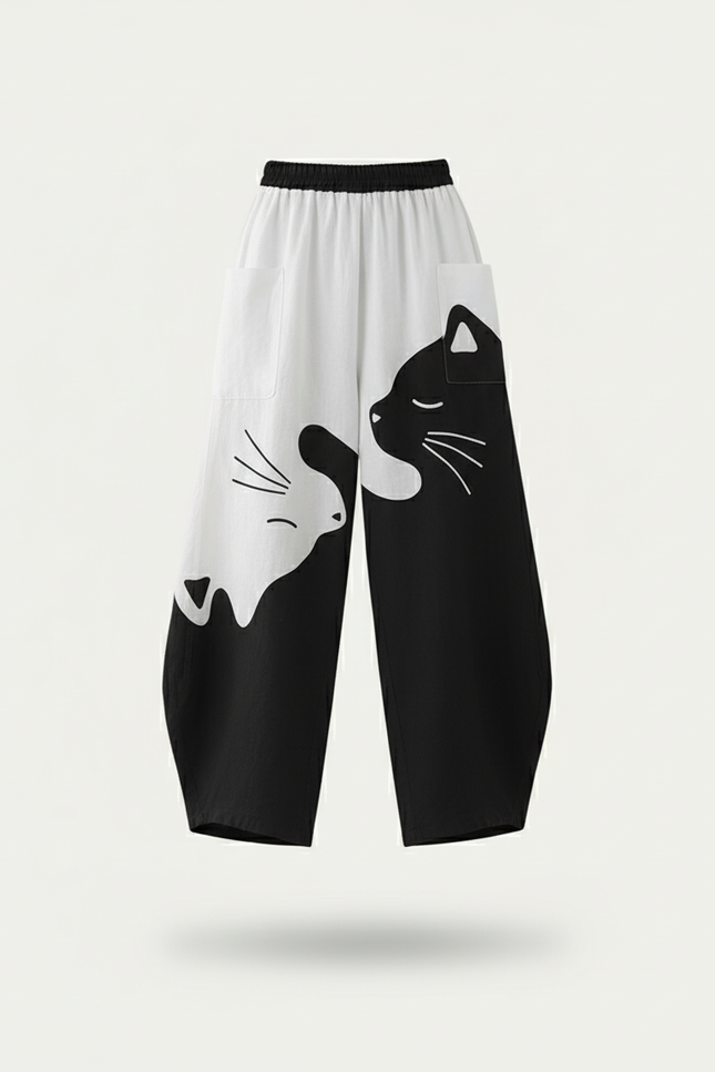 Pantalon Baggy Noir Blanc Chat Ample Fluide Décontracté - Multicolore Lin - vue 3