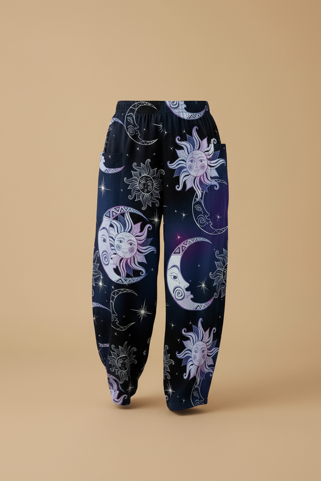 Pantalon Baggy Noir Ample Imprimé Lune Soleil - Viscose - vue 3