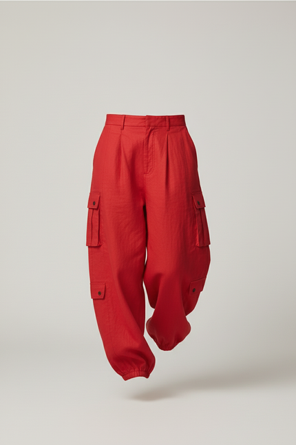 Pantalon Baggy Rouge Cargo Large Lin Femme - vue 3