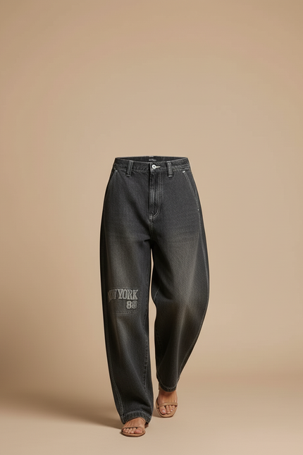 Pantalon Baggy Gris Denim Large Brodé Femme - Jean - vue 3