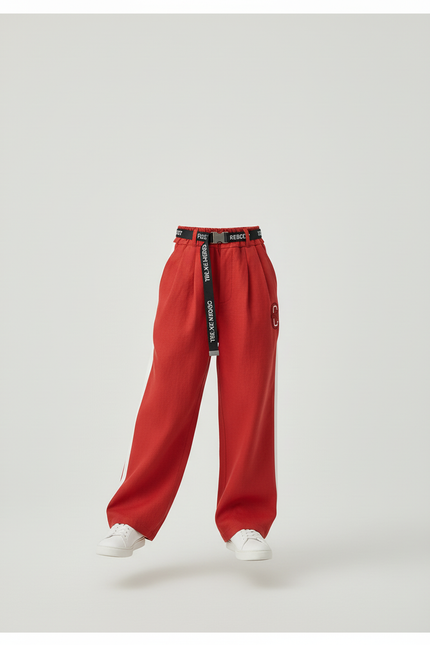 Pantalon Baggy Rouge Ample Rayures Blanches Ceinture - Lin - vue 3