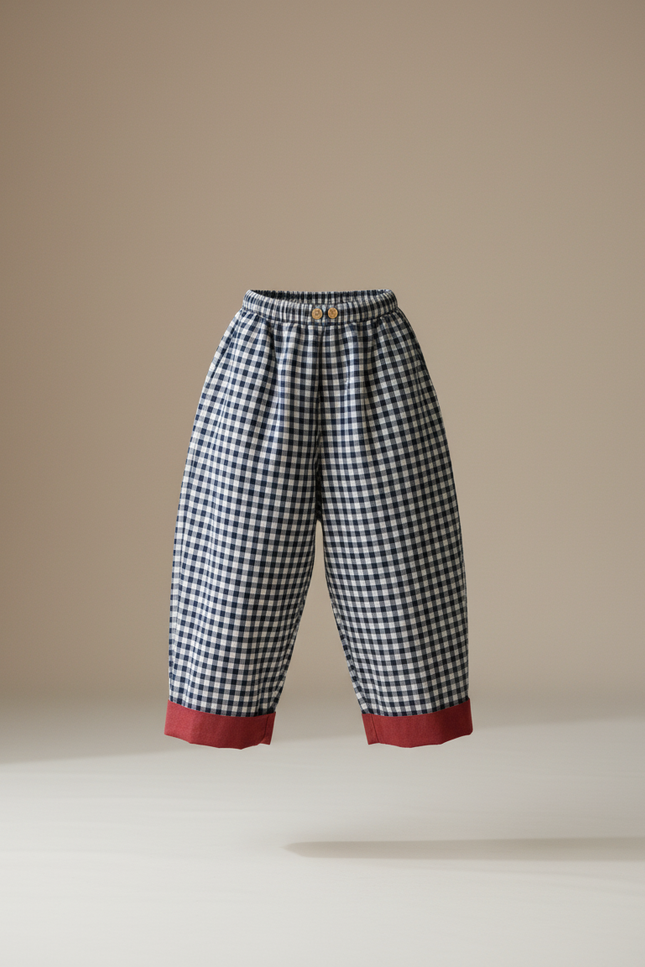 Pantalon Baggy Vichy Bleu Marine Ample Coton Enfant - vue 3