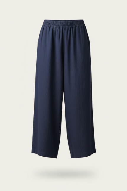 Pantalon Baggy Bleu Marine Lin Ample Fluide Décontracté - vue 3