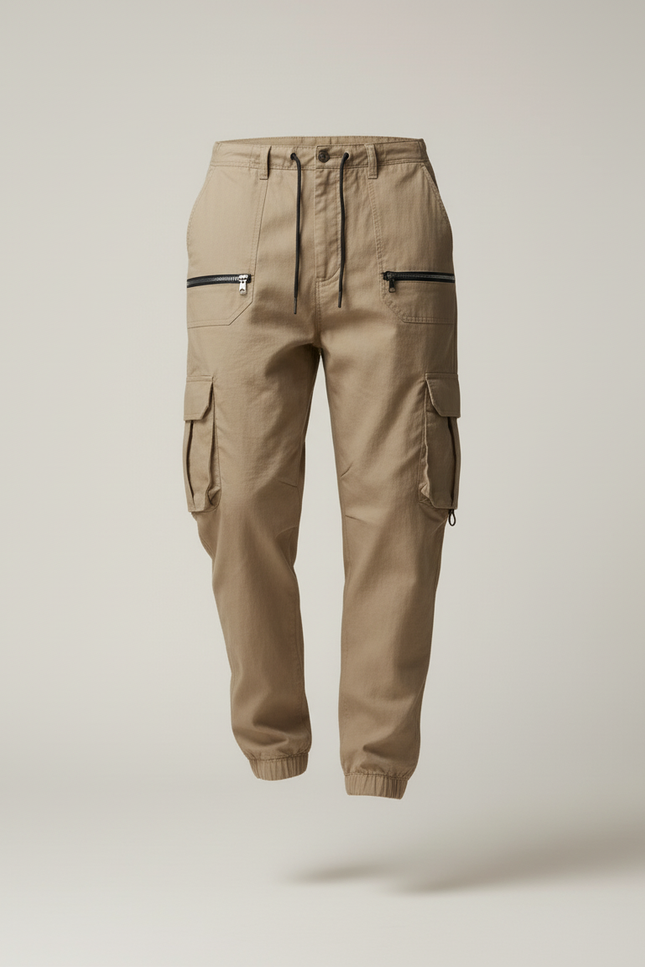 Pantalon Baggy Kaki Cargo Zippé Cordon Homme - Toile - vue 3