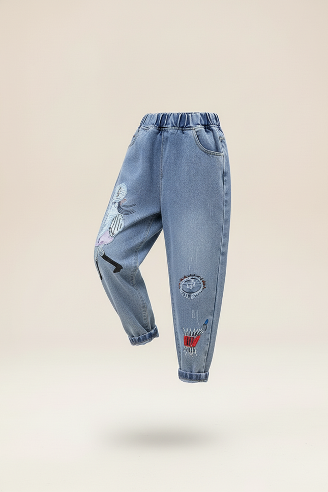 Pantalon Baggy Jean Bleu Brodé Ample Décontracté Enfant - vue 3