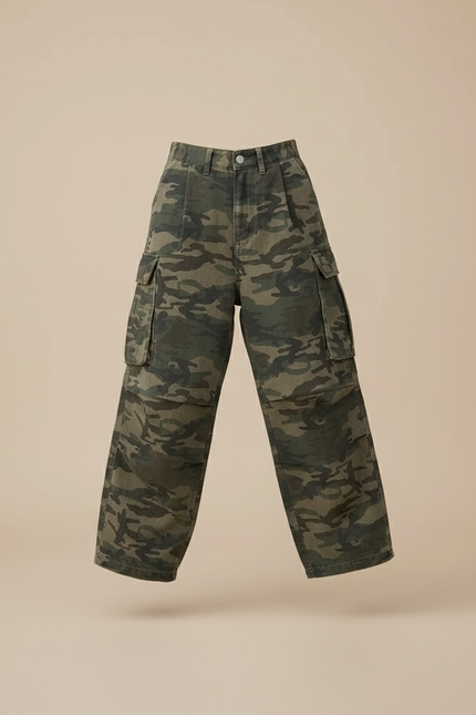 Pantalon Baggy Camouflage Ample Cargo Militaire Fille - Kaki Toile - vue 3