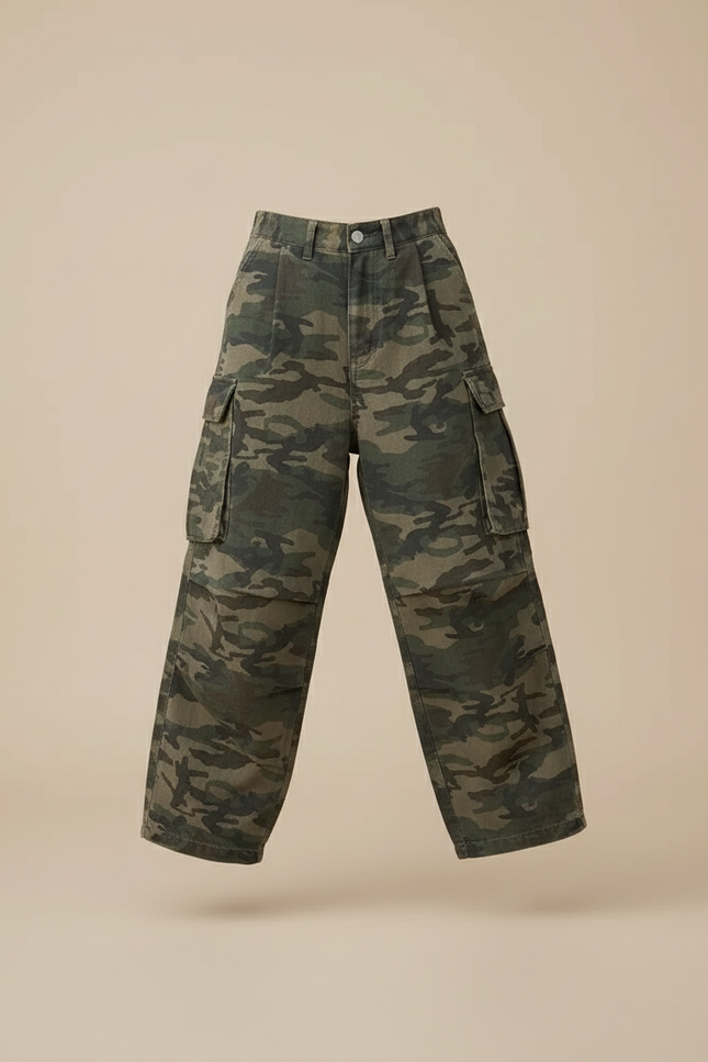Pantalon Baggy Camouflage Ample Cargo Militaire Fille - Kaki Toile - vue 3