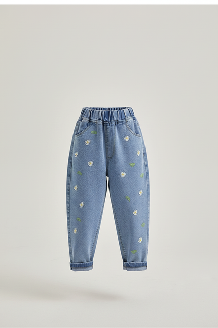 Pantalon Baggy Denim Bleu Clair Fleurs Brodées Fille - Jean - vue 3