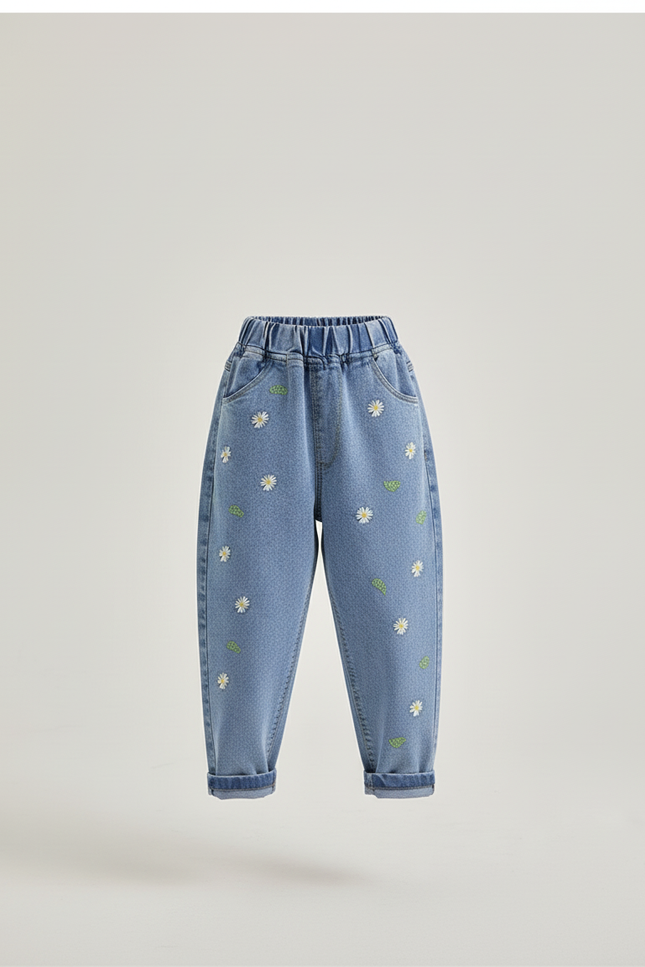 Pantalon Baggy Denim Bleu Clair Fleurs Brodées Fille - Jean - vue 3