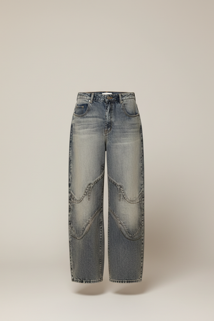 Pantalon Baggy Denim Décontracté Bleu Motifs Géométriques - Jean - vue 3