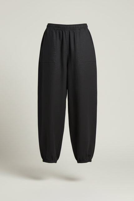 Pantalon Baggy Noir Lin Ample Taille Élastiquée Décontracté - vue 3