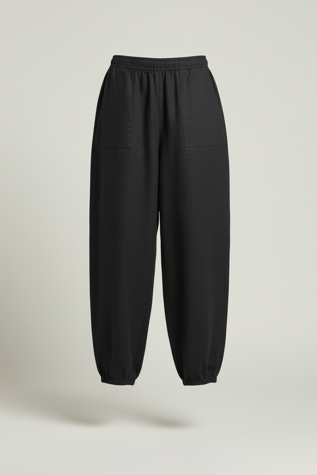 Pantalon Baggy Noir Lin Ample Taille Élastiquée Décontracté - vue 3