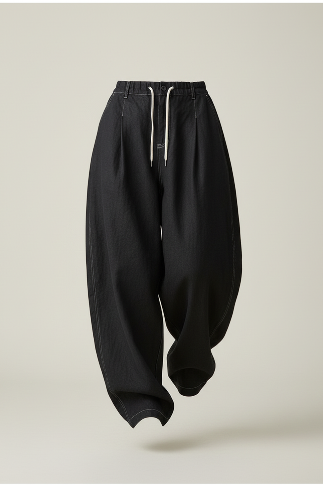 Pantalon Baggy Noir Ample Plissé Cordon - Jean - vue 3