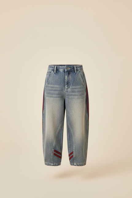 Pantalon Baggy Jean Bleu Rayures Rouges Ample - vue 3