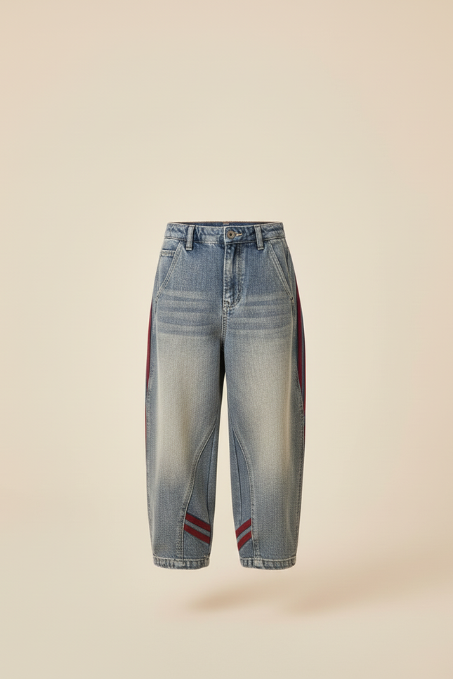 Pantalon Baggy Jean Bleu Rayures Rouges Ample - vue 3